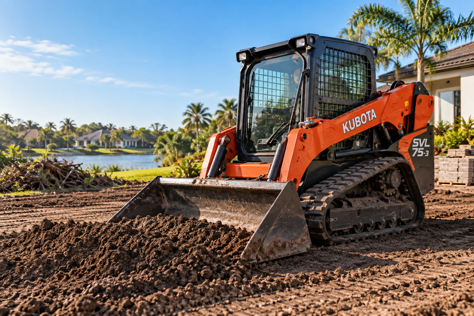 Orange Kubota SVL 75-3 track skid steer with enclosed cab grading a residential job site in Orlando