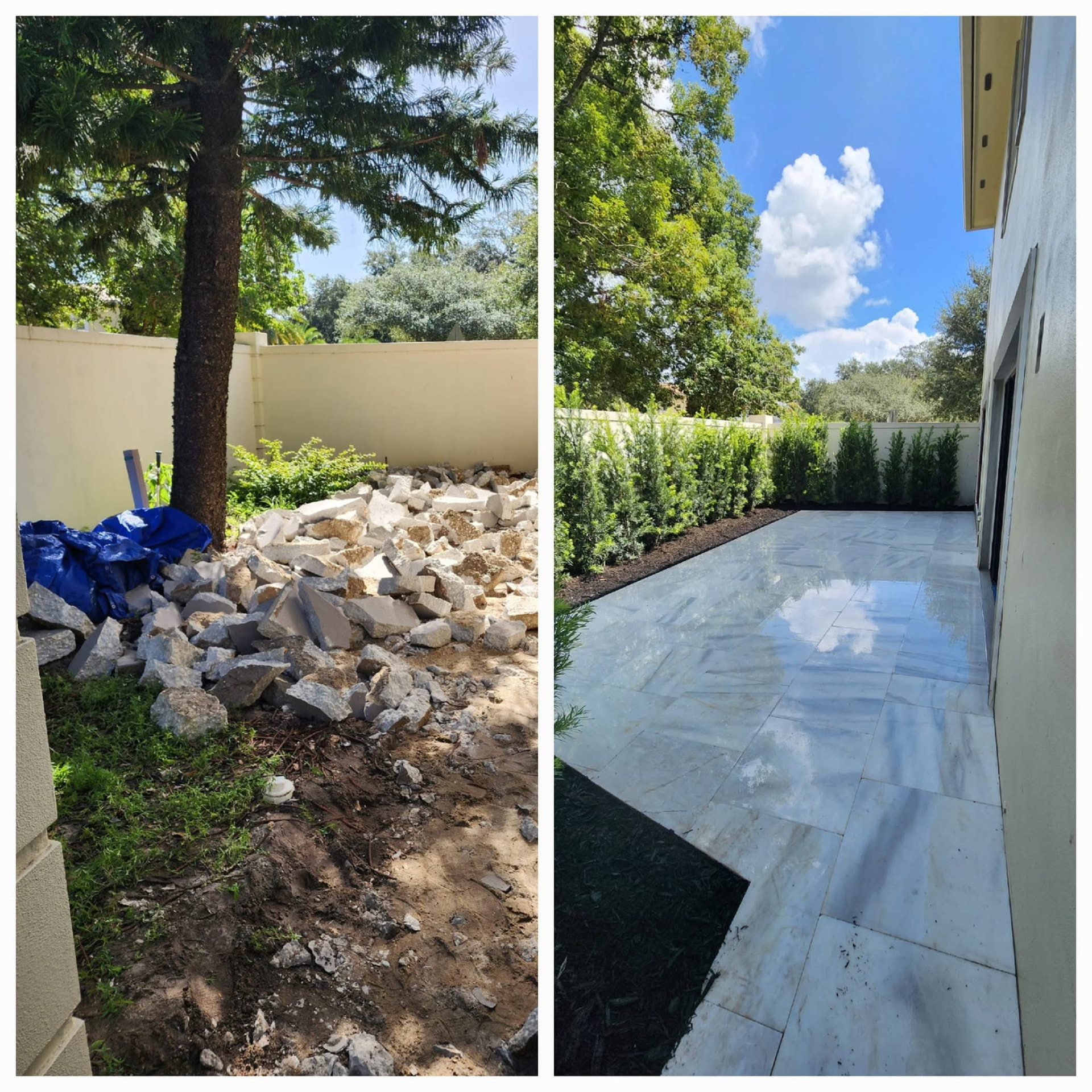 New paver patio and hedges where a concrete slab was removed