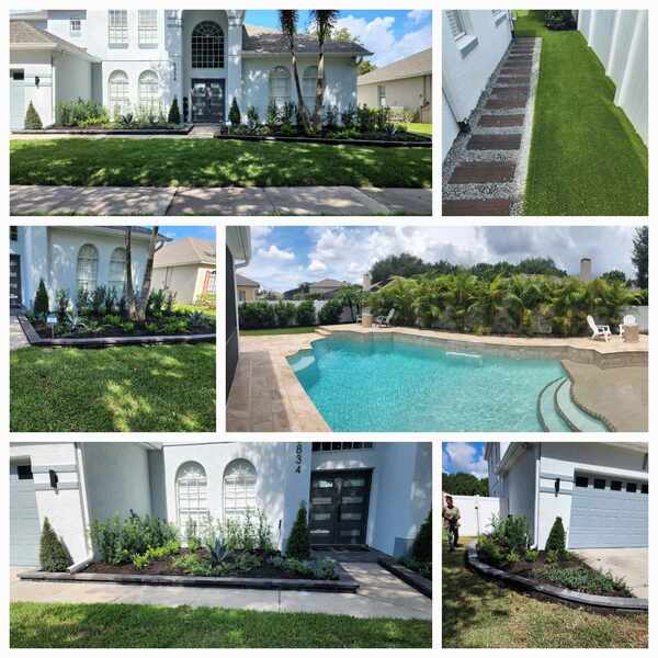 Estate landscape design with formal hedges, pool surrounds, and clean walkways
