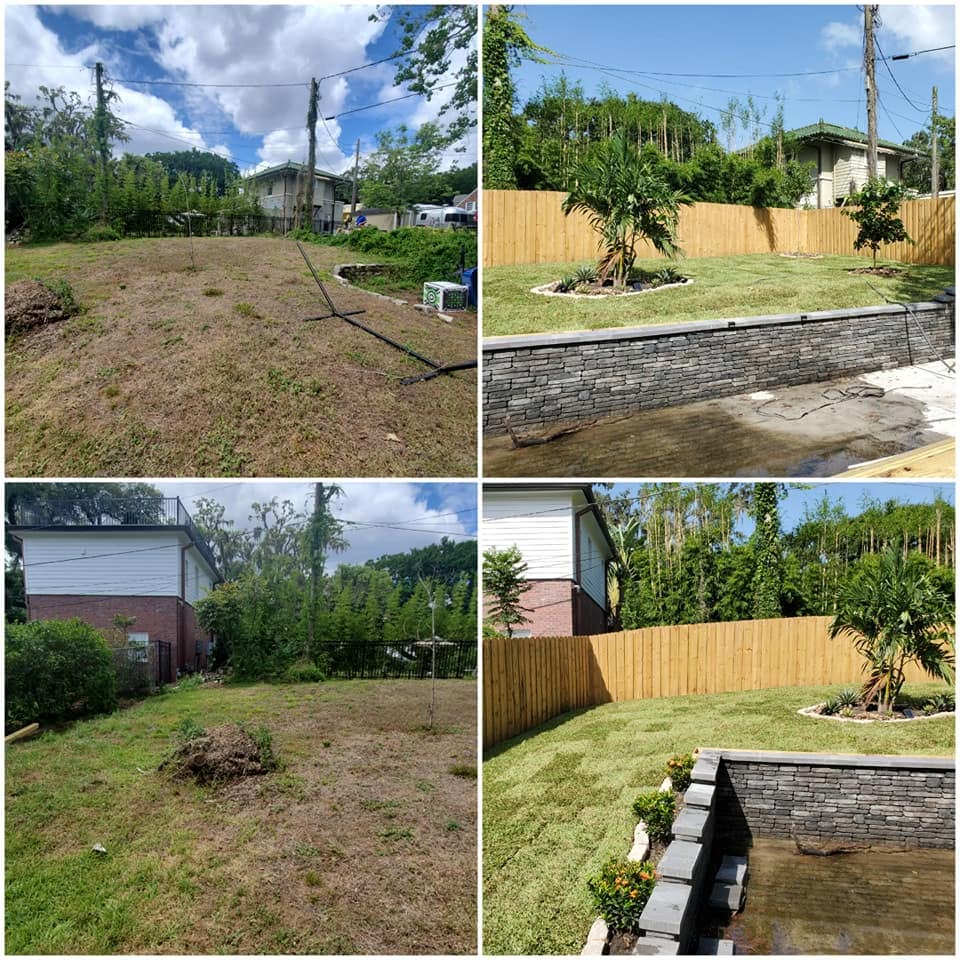 Before and after stone retaining wall and sod installation