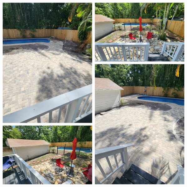 Before and after pool area transformation with a new paver deck
