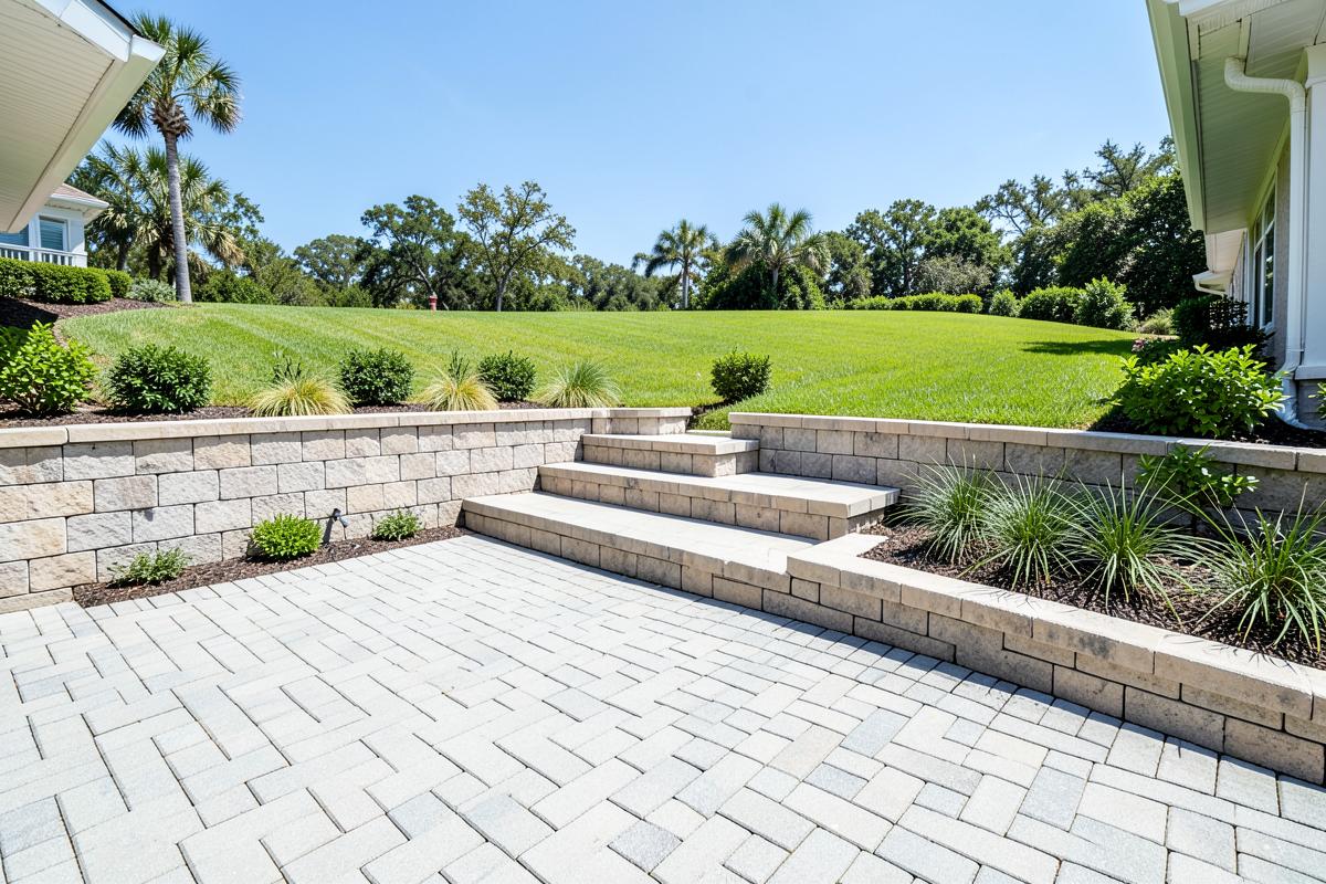 Paver patio with a retaining wall and steps leading to a raised lawn