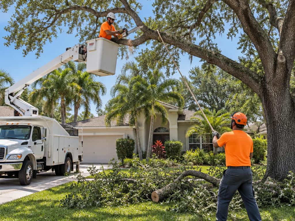 Crew trimming a large oak tree in a residential neighborhood