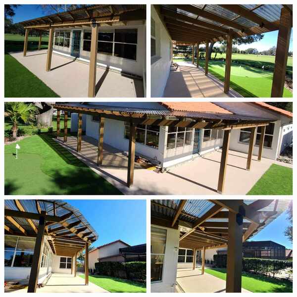 Long wood pergola over a concrete patio overlooking a golf course