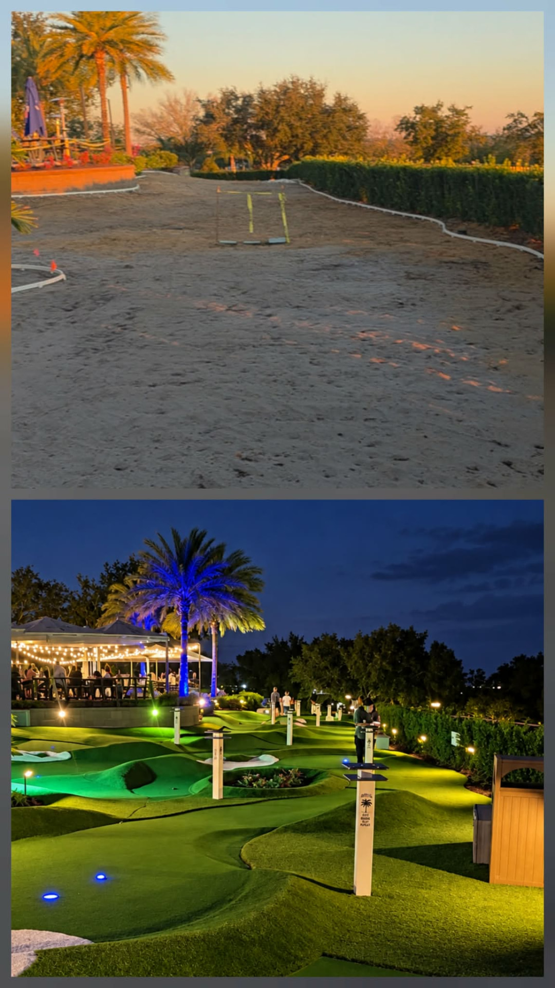 Custom turf landscape with a sandy play area and a lit putting green at dusk