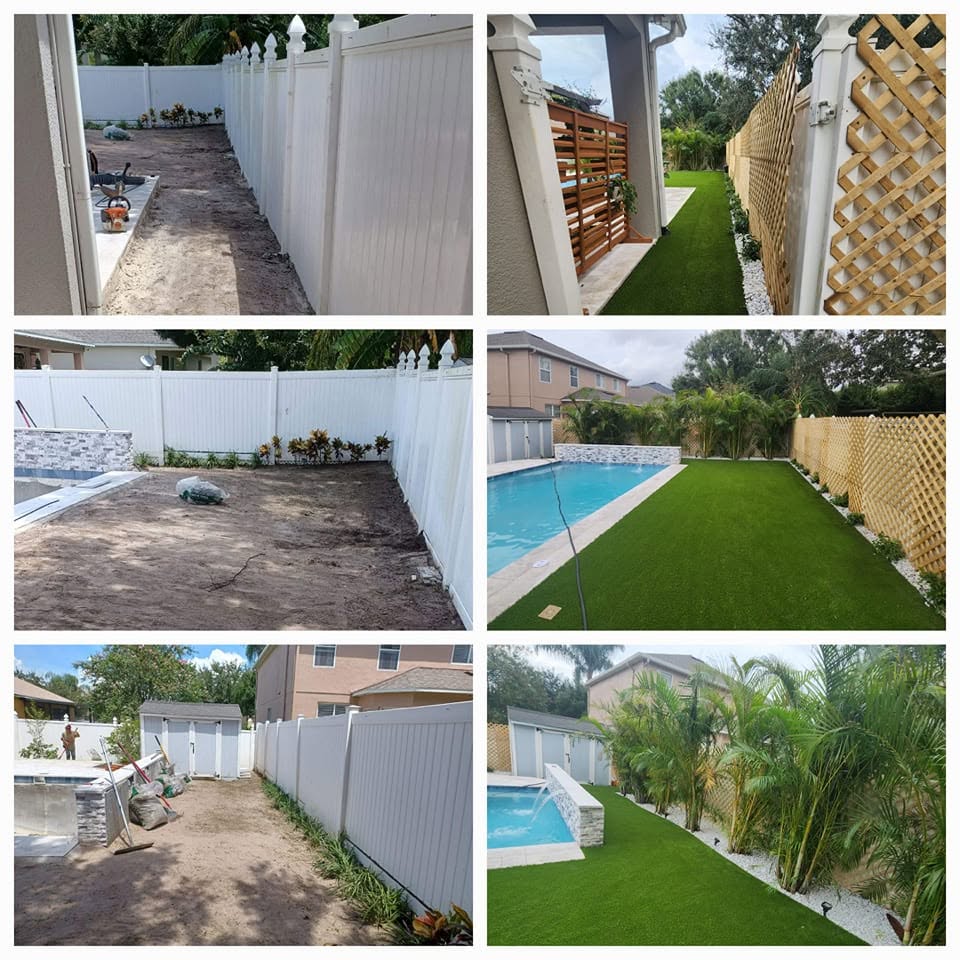 Artificial turf installed around a pool with tropical palms