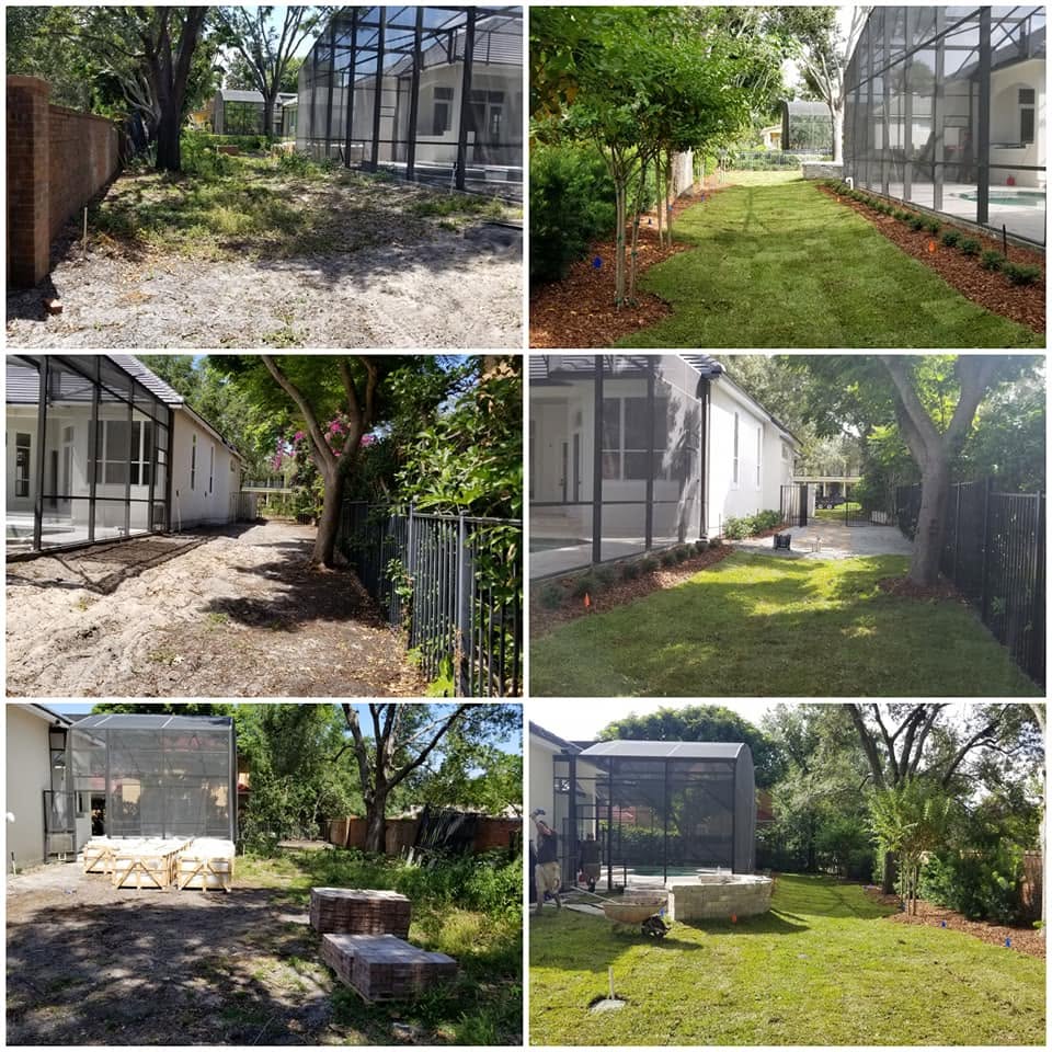 Six-panel before and after backyard transformation with new sod and pool area