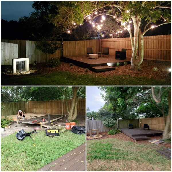 Backyard deck build with string lights, fountain, and fresh landscaping