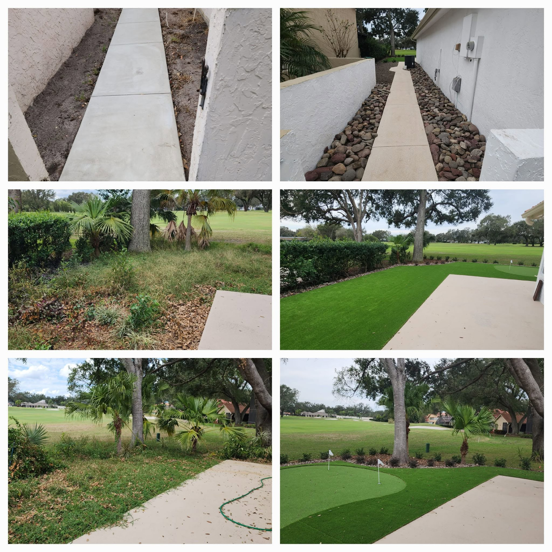 Rock borders and a backyard putting green along a golf course