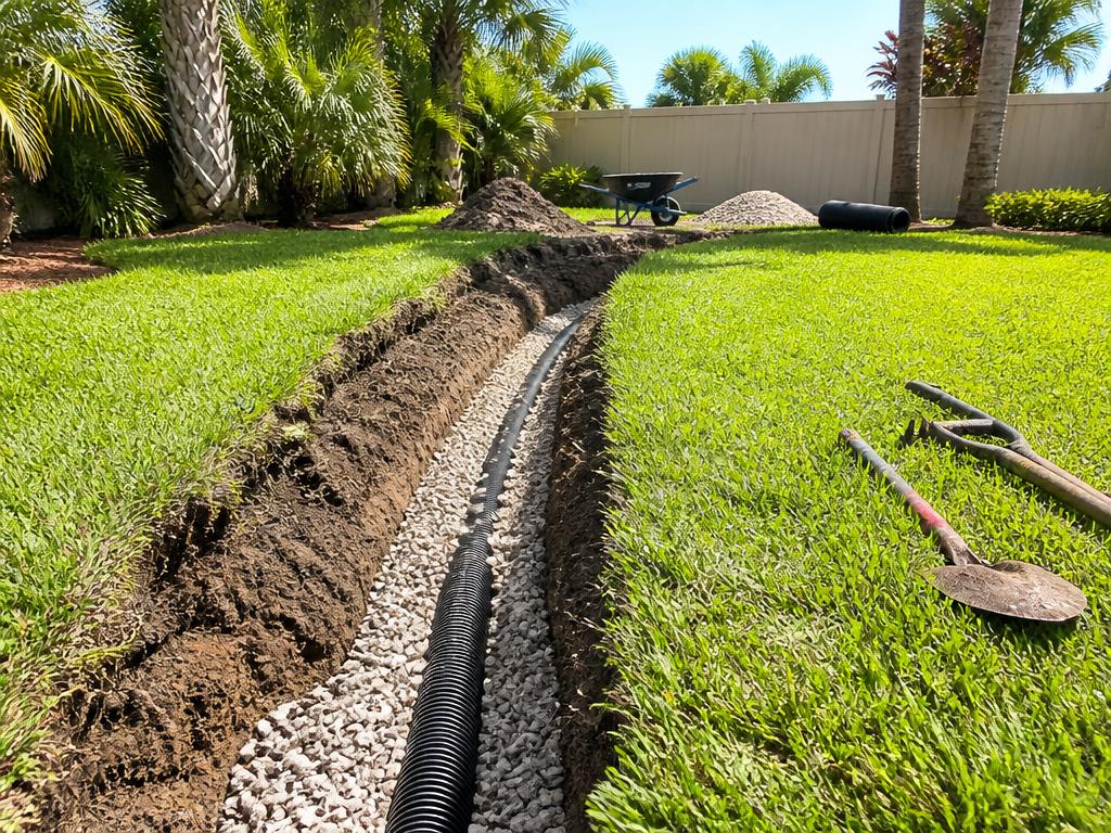 French drain trench with gravel and perforated pipe in an Orlando backyard