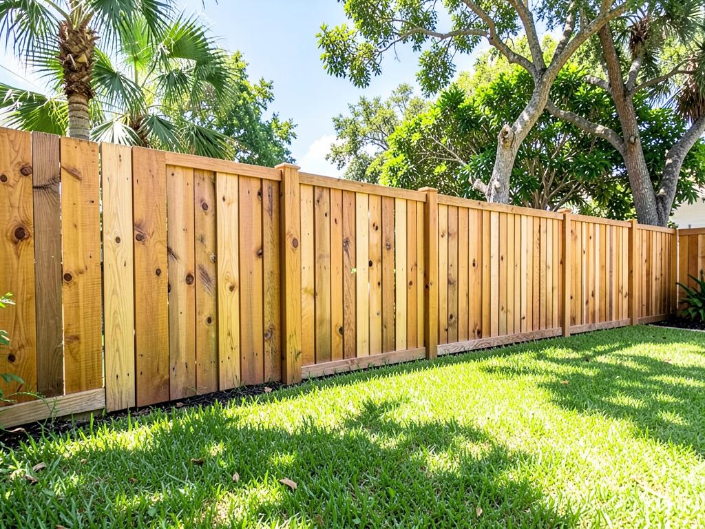 New natural wood privacy fence with fresh landscaping