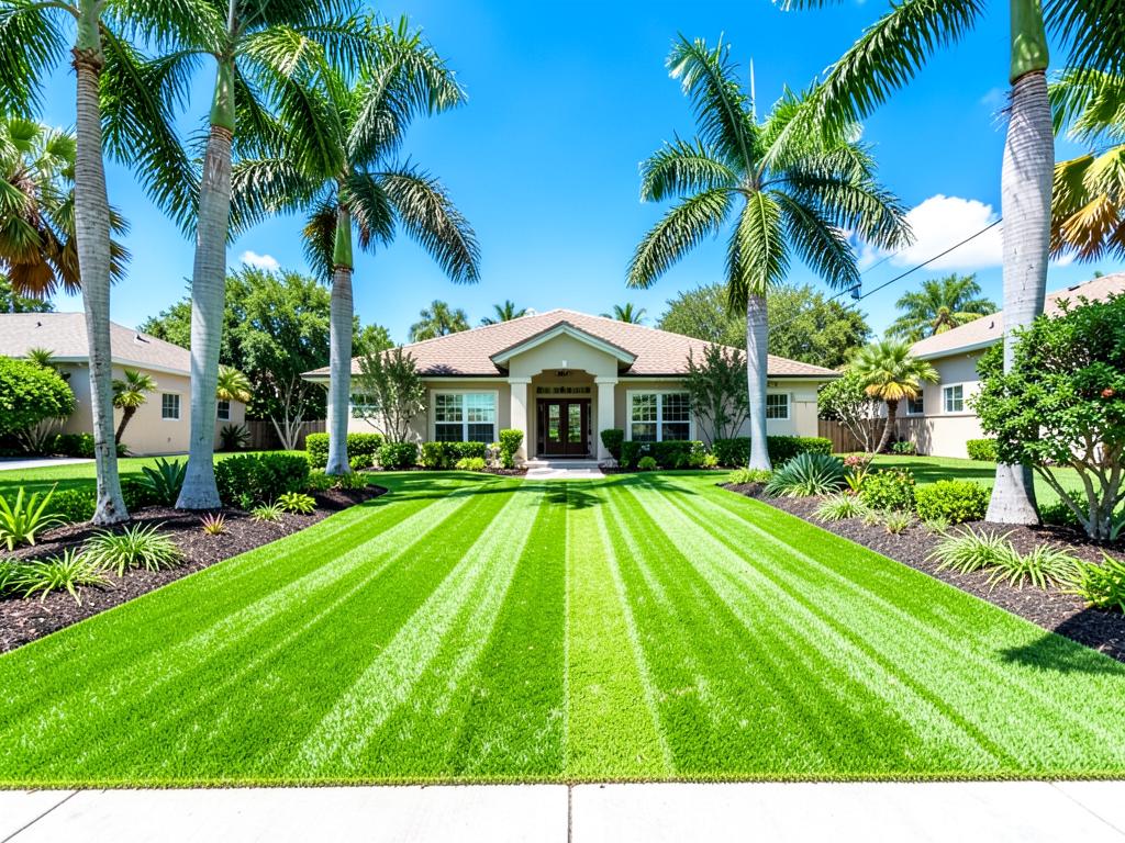 New sod lawn with crisp stripes and palm trees